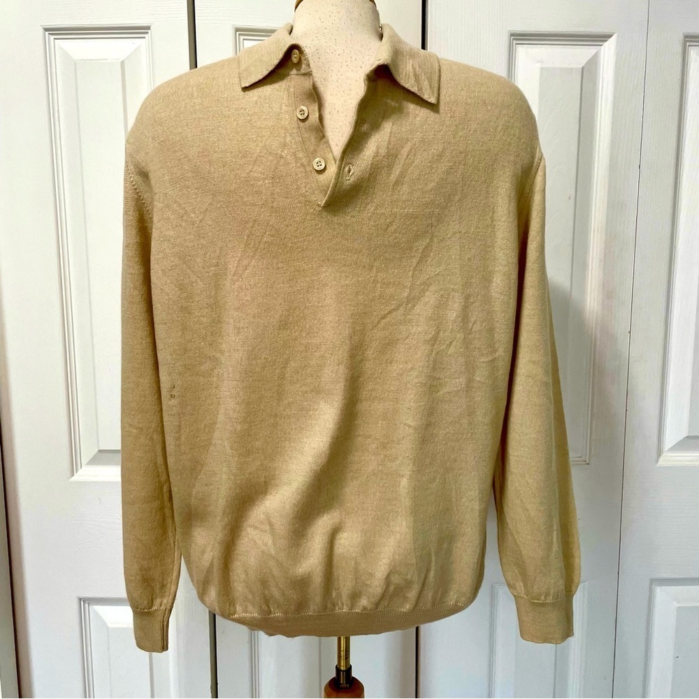 John Ashford Men's 100% Extra Fine Merino Wool Tan Polo Sweater